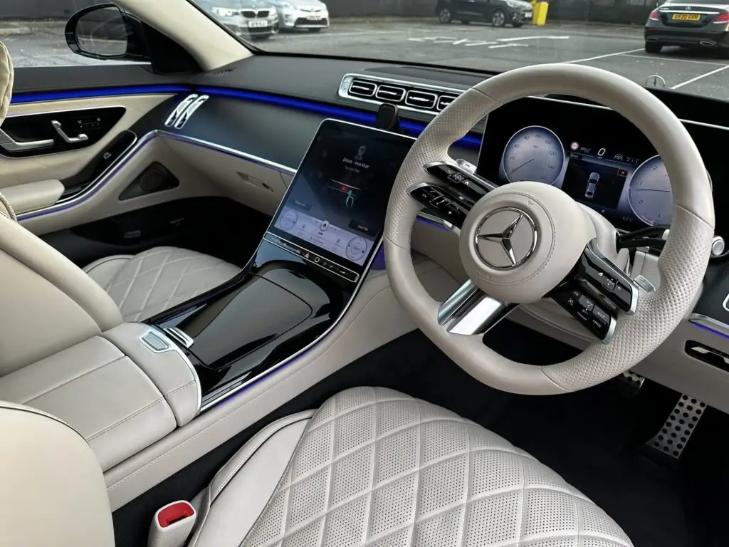 Luxury mercedes S class new shape 2024 interior in beige colour.