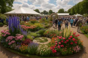 Luxury chauffeur travel to the Chelsea Flower Show in London with vibrant gardens and floral displays.
