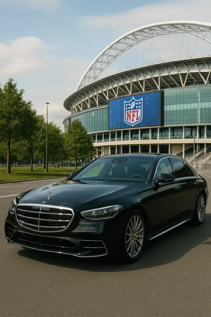 Black Mercedes S-Class luxury chauffeur car outside Wembley Stadium during NFL London game
