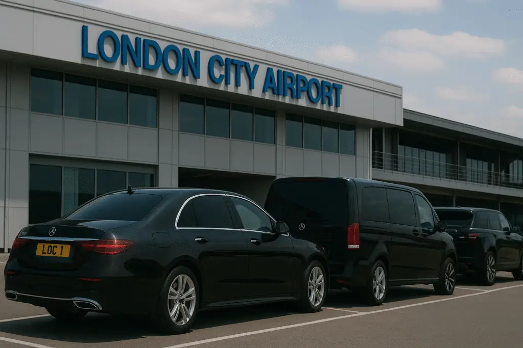 Luxury black Mercedes S-Class, Mercedes V-Class, and Range Rover with yellow LDC plates lined up at London City Airport.