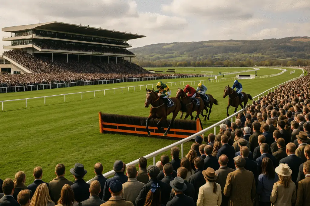 A thrilling moment at the Cheltenham Festival 2026 showing jockeys and horses mid-race at Cheltenham Racecourse, with a packed grandstand and cheering crowd under a bright spring sky.