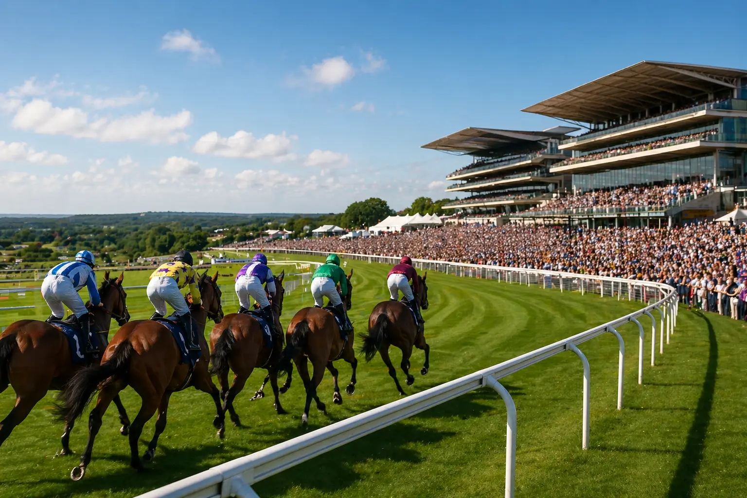 Luxury race day scene at Epsom Downs Racecourse, ideal for Epsom Downs chauffeur service and executive transport.