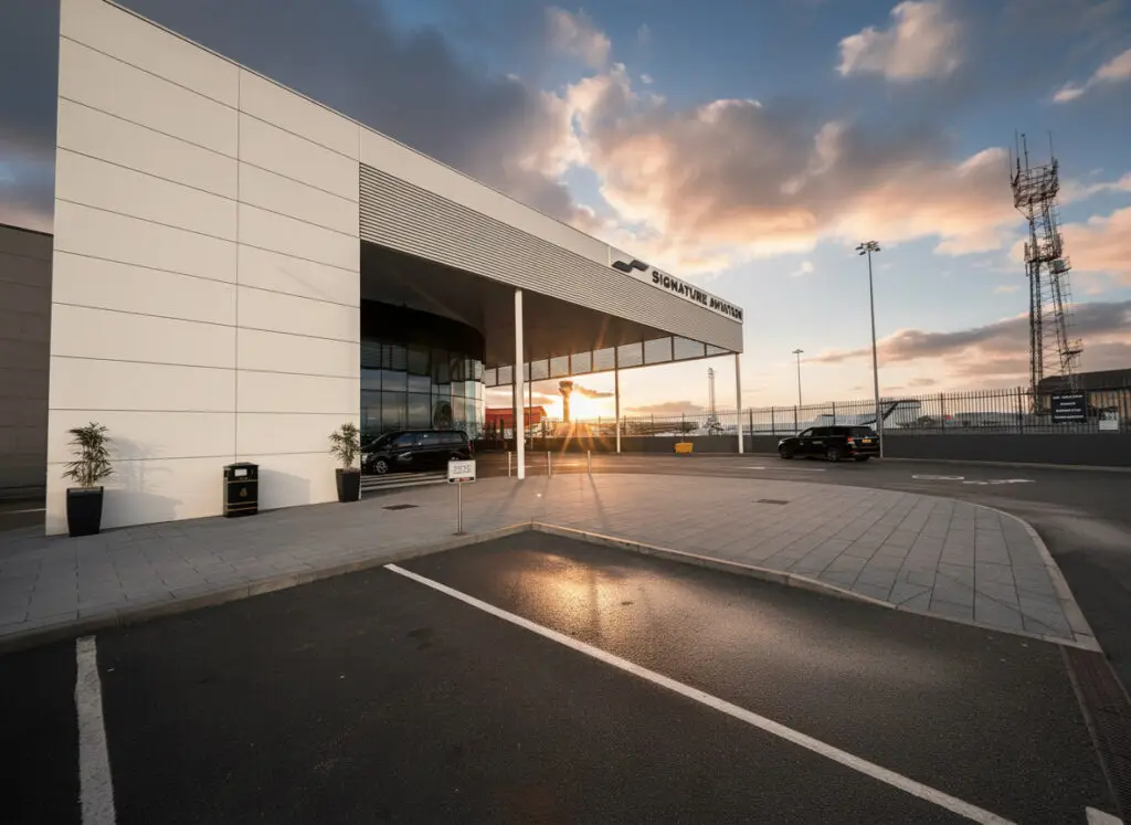 Luxury chauffeur pickup area outside Signature Aviation at London Luton Airport during sunset.