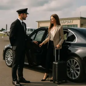 Professional chauffeur opening a luxury car door for a business traveller with luggage outside an airport terminal