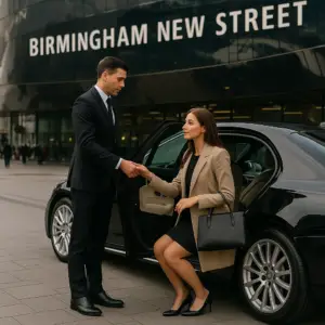 Professional chauffeur helping a business traveller into a luxury car at Birmingham New Street Station