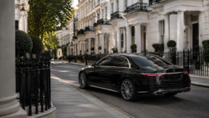 Black luxury chauffeur car on a Georgian residential street in Belgravia, London