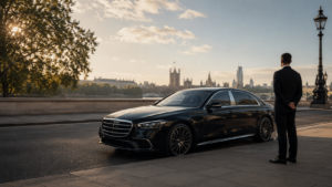 Professional chauffeur standing beside a black luxury Mercedes in central London