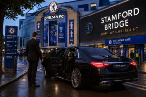 2026 Mercedes S-Class with chauffeur outside Stamford Bridge on a Chelsea matchday