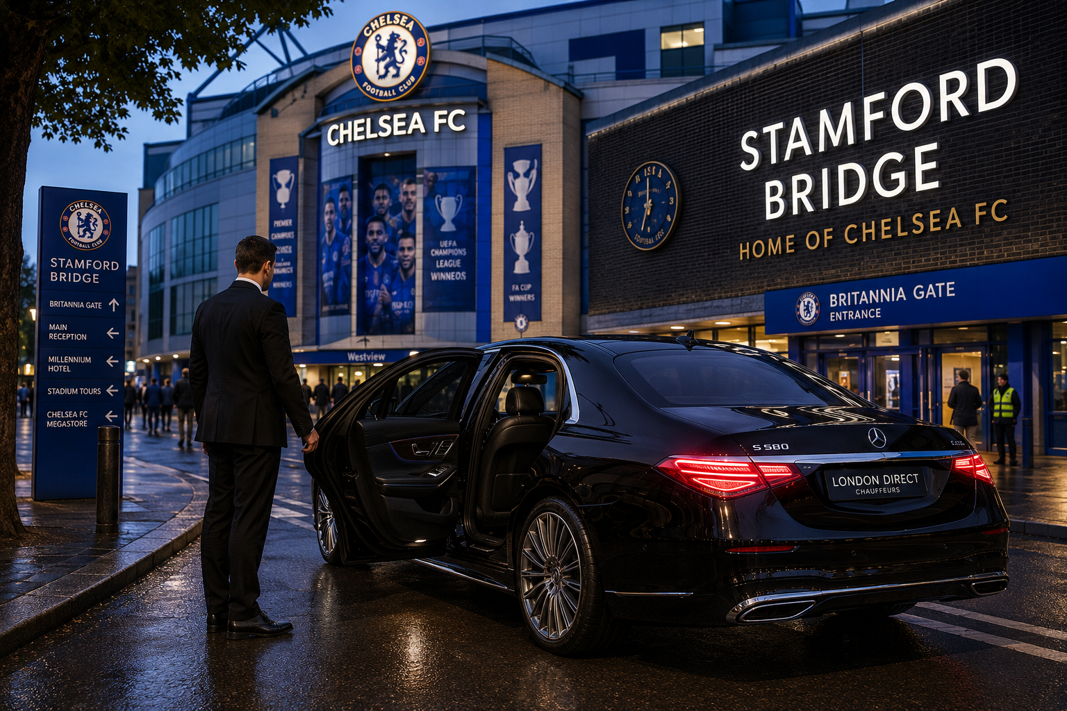 2026 Mercedes S-Class with chauffeur outside Stamford Bridge on a Chelsea matchday