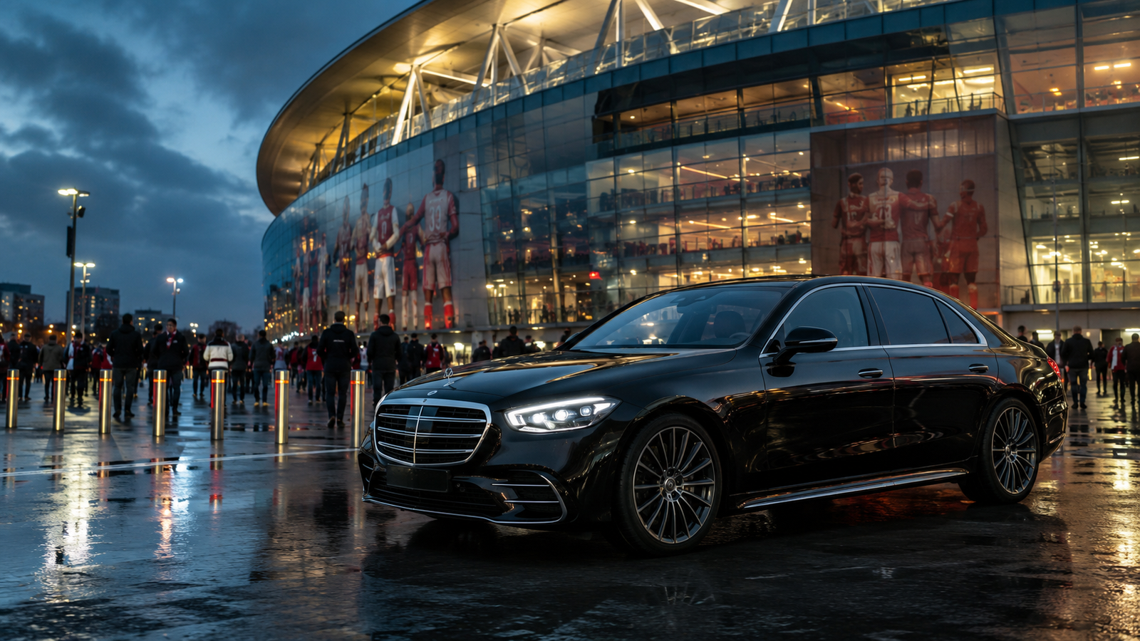 2026 Mercedes S-Class outside Emirates Stadium on an Arsenal matchday