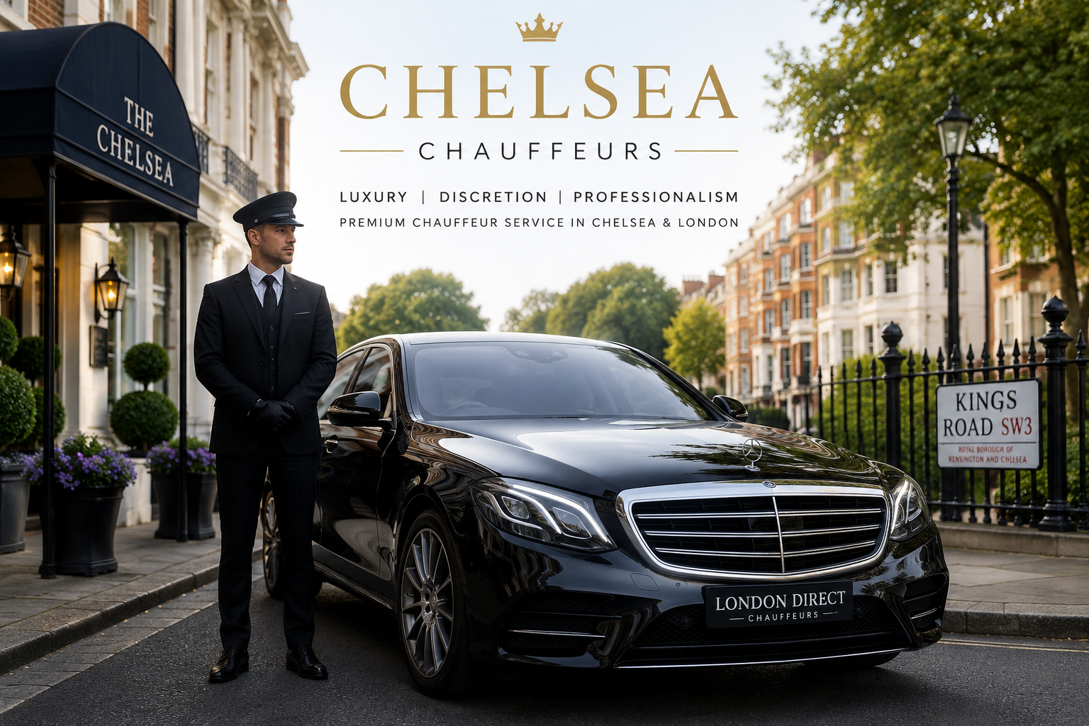Professional chauffeur beside a black luxury Mercedes on King's Road in Chelsea, London