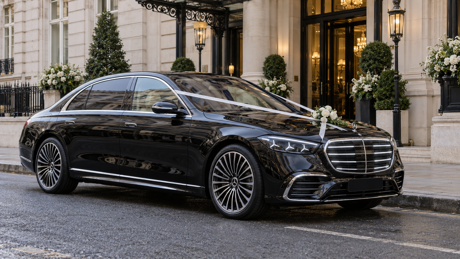 Black Mercedes-Benz S-Class decorated with white wedding ribbons and flowers outside a London venue