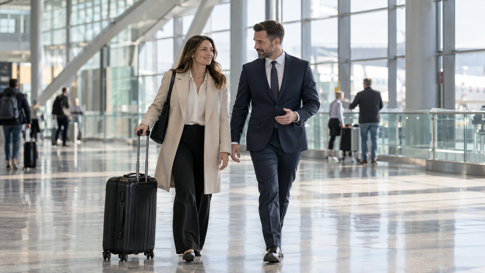 Airport greeter walking with a traveller and suitcase through a public arrivals terminal