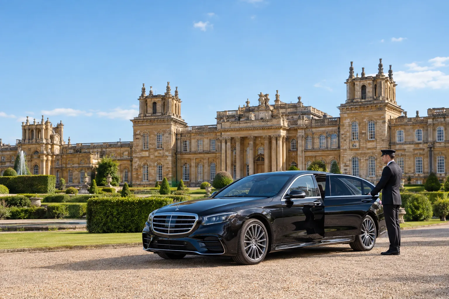 Blissful view of Blenheim Palace with London Direct Chauffeurs Ltd Mercedes S-Class and chauffeur