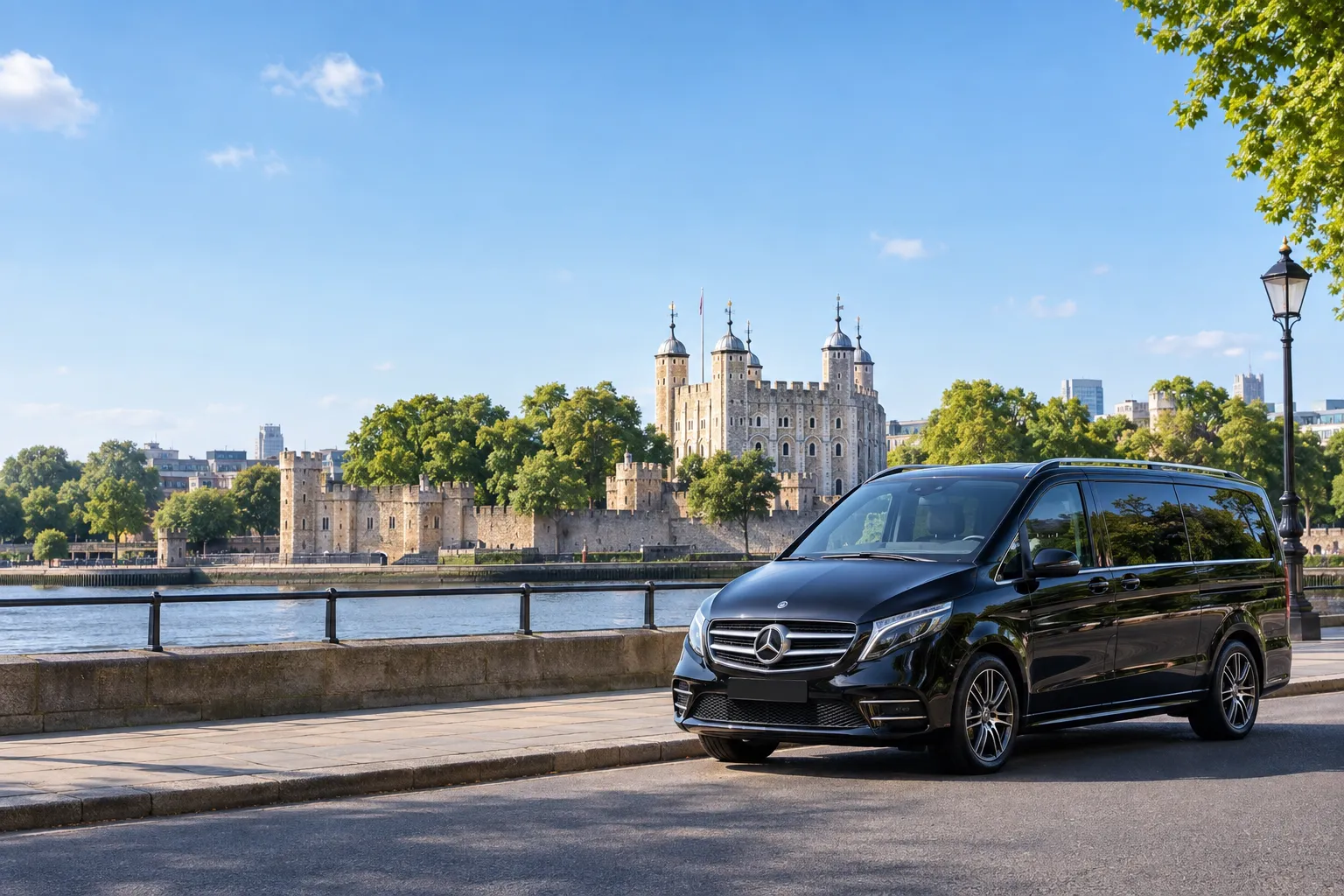 Mercedes V-Class luxury chauffeur vehicle parked by the Tower of London