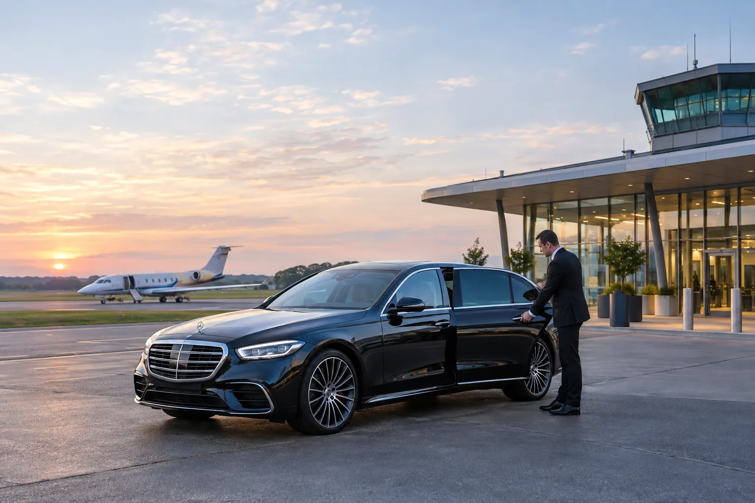 Mercedes S-Class 2027 outside Biggin Hill Airport with professional chauffeur
