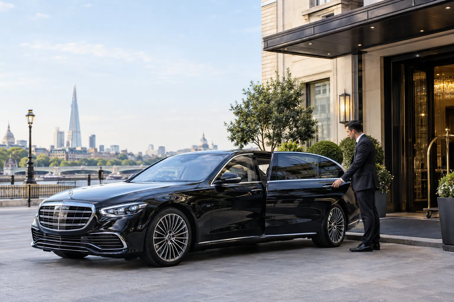 2026 Mercedes S-Class black executive chauffeur vehicle outside London hotel