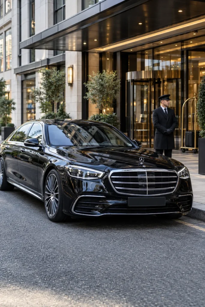 2027 Mercedes S-Class executive black car parked by a hotel entrance