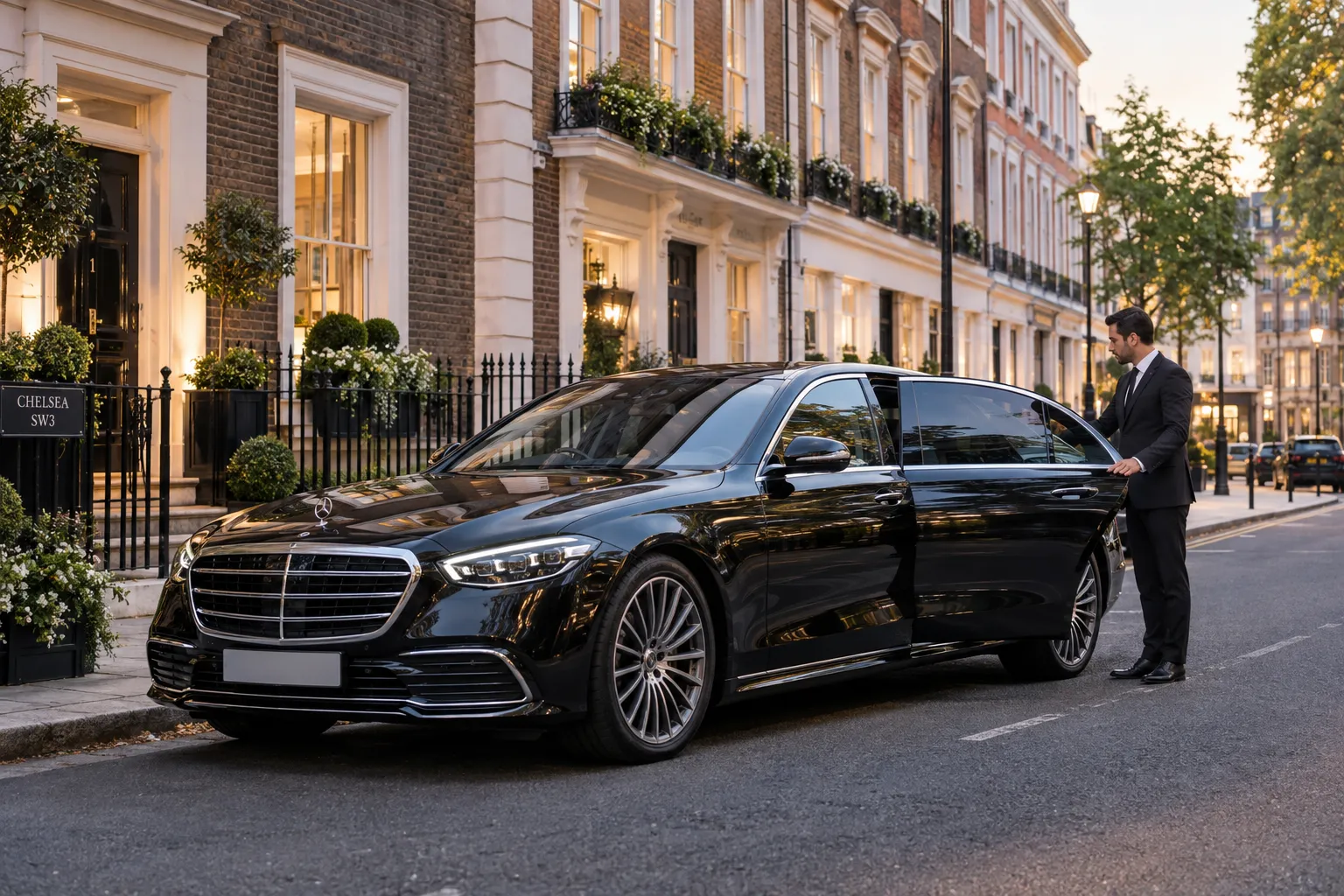 Mercedes S-Class executive car parked on a street in Chelsea with professional chauffeur