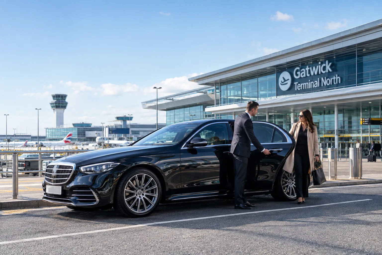 Black Mercedes S-Class saloon at Gatwick Airport with chauffeur opening door
