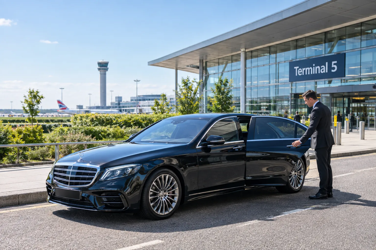 Black Mercedes S-Class executive car at Heathrow Airport Terminal 5