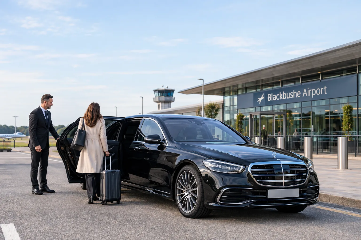 Mercedes S-Class executive chauffeur vehicle parked outside Blackbushe Airport terminal with chauffeur assisting passenger
