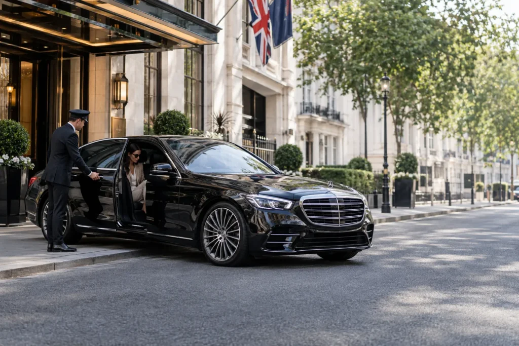 2027 Mercedes S-Class chauffeur vehicle outside London hotel with chauffeur opening door