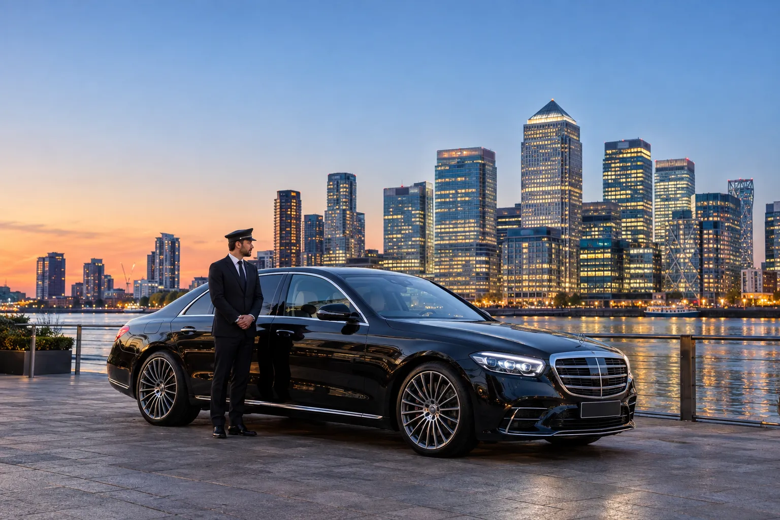 Luxury Mercedes S-Class chauffeur vehicle in front of Canary Wharf skyscrapers at dusk