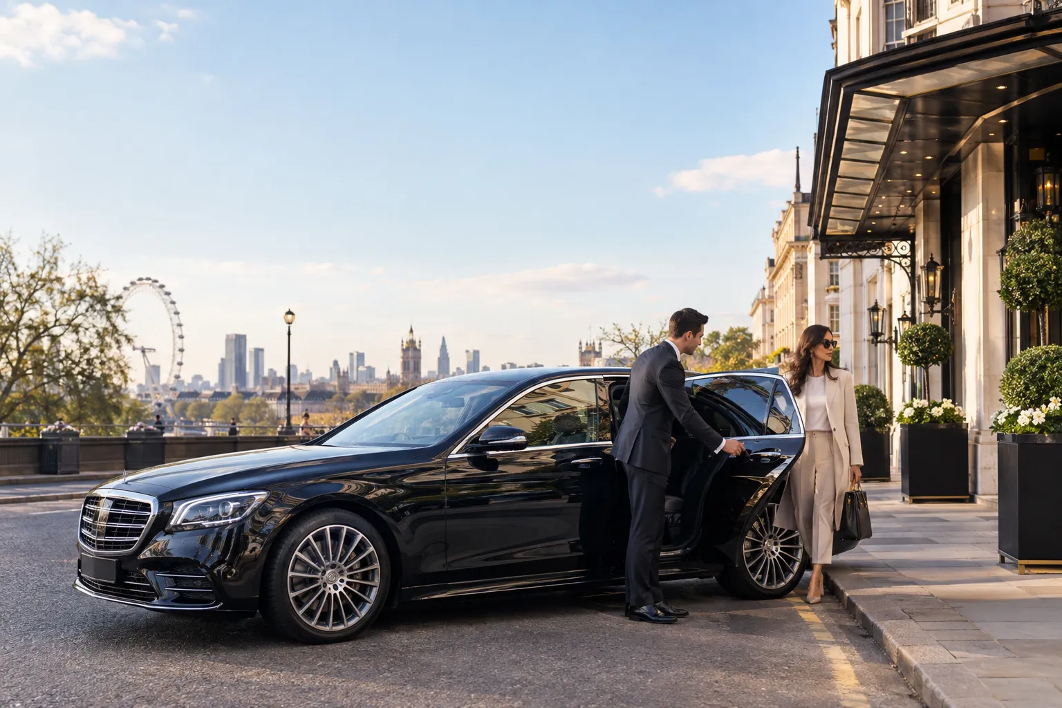 Mercedes S-Class luxury chauffeur car parked outside London hotel with chauffeur opening door