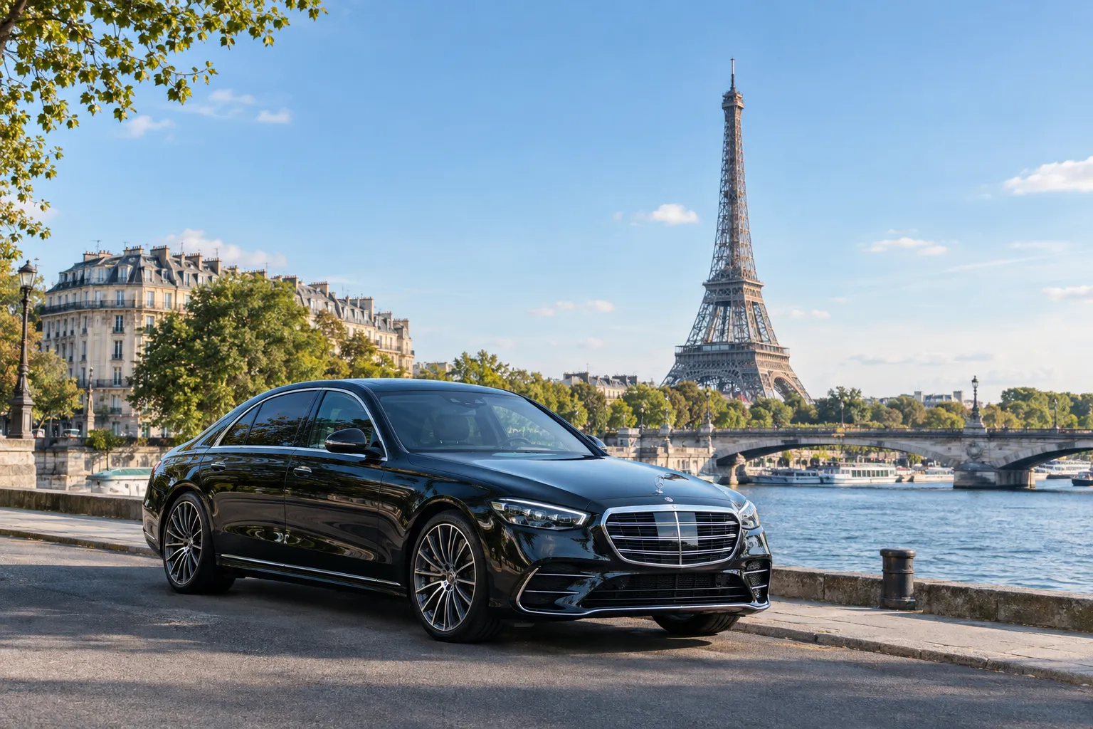 Mercedes S-Class chauffeur car by Seine River with Eiffel Tower in Paris
