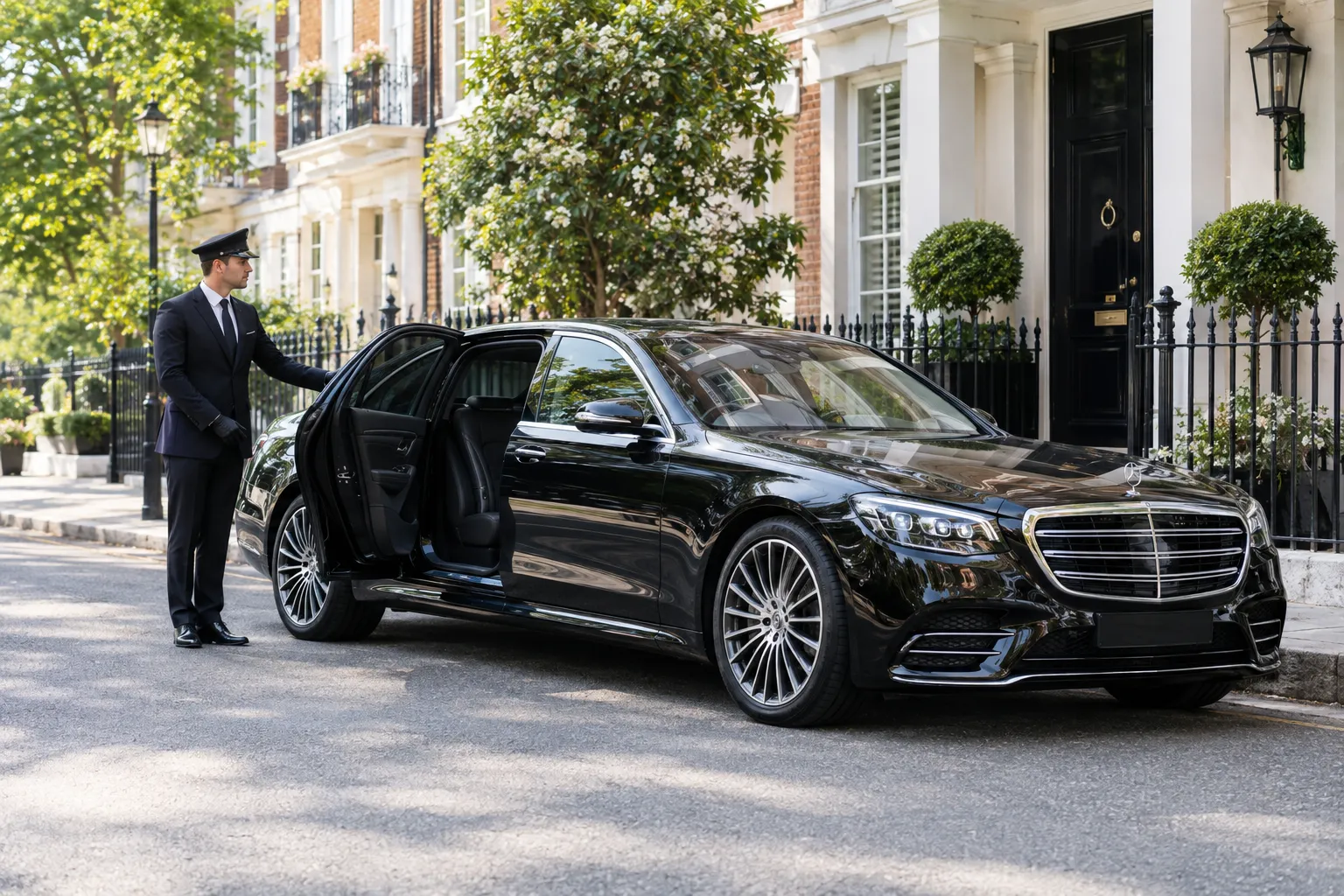 Mercedes S-Class luxury car with chauffeur outside Chelsea residence