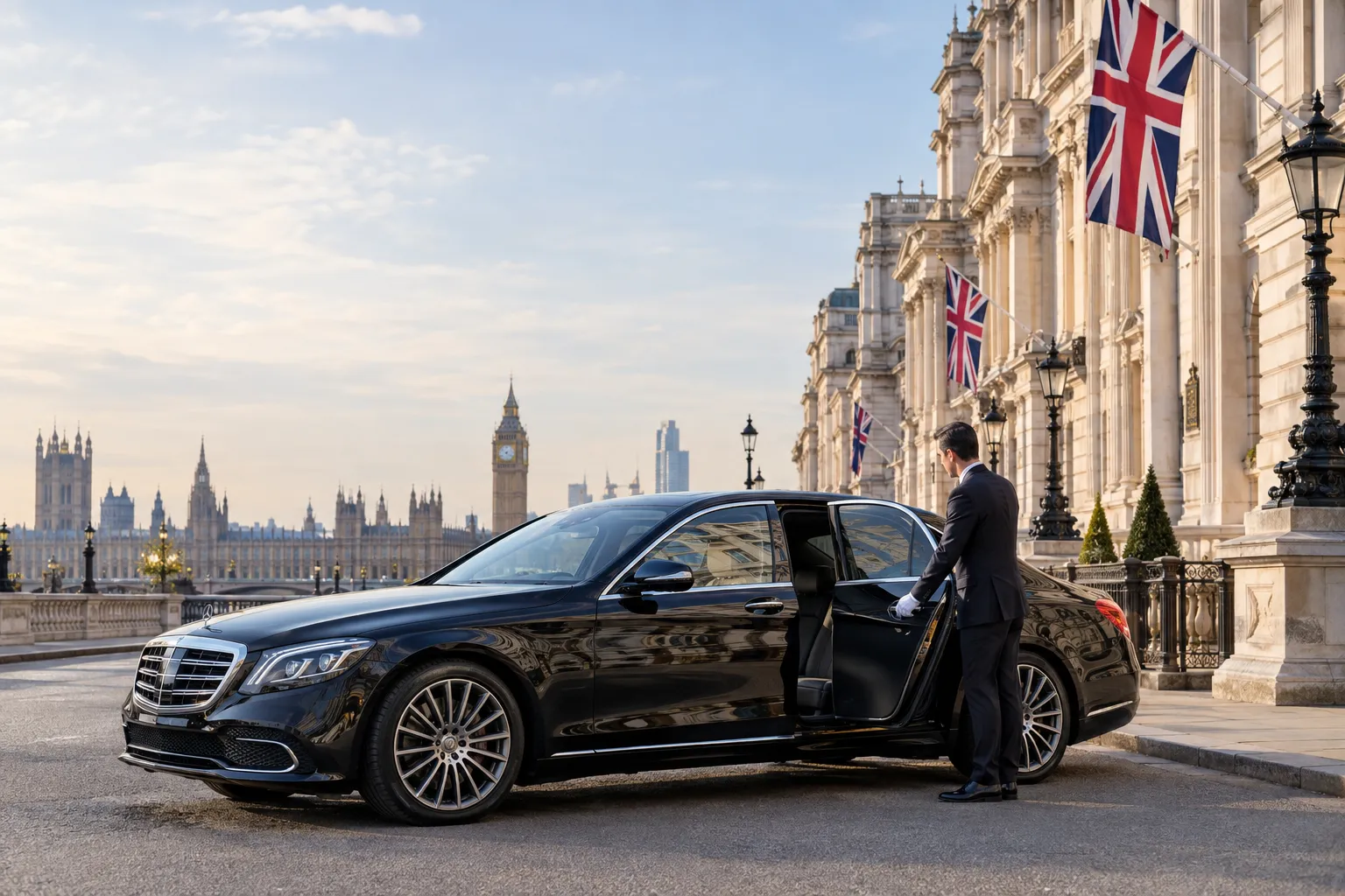 Mercedes S-Class diplomatic VVIP chauffeur car outside government building in London