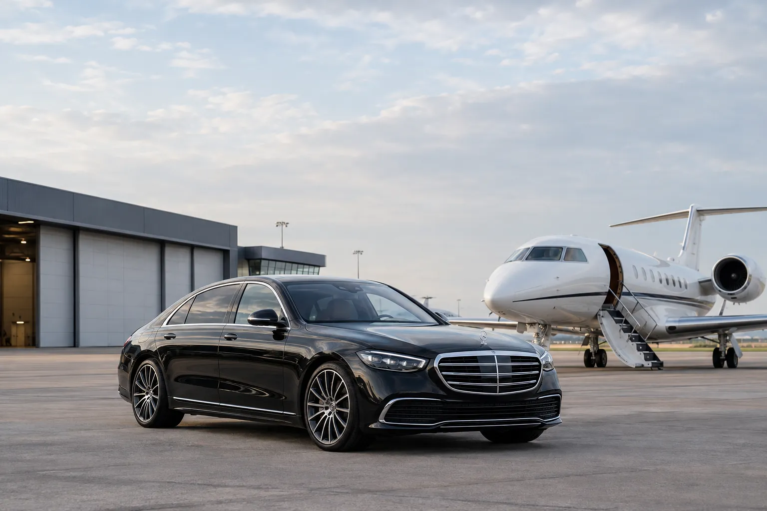 Discreet Mercedes S-Class limousine parked at London private jet terminal