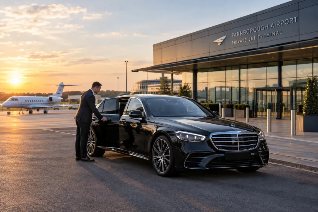 2027 Mercedes S-Class parked at Farnborough Airport with chauffeur opening door