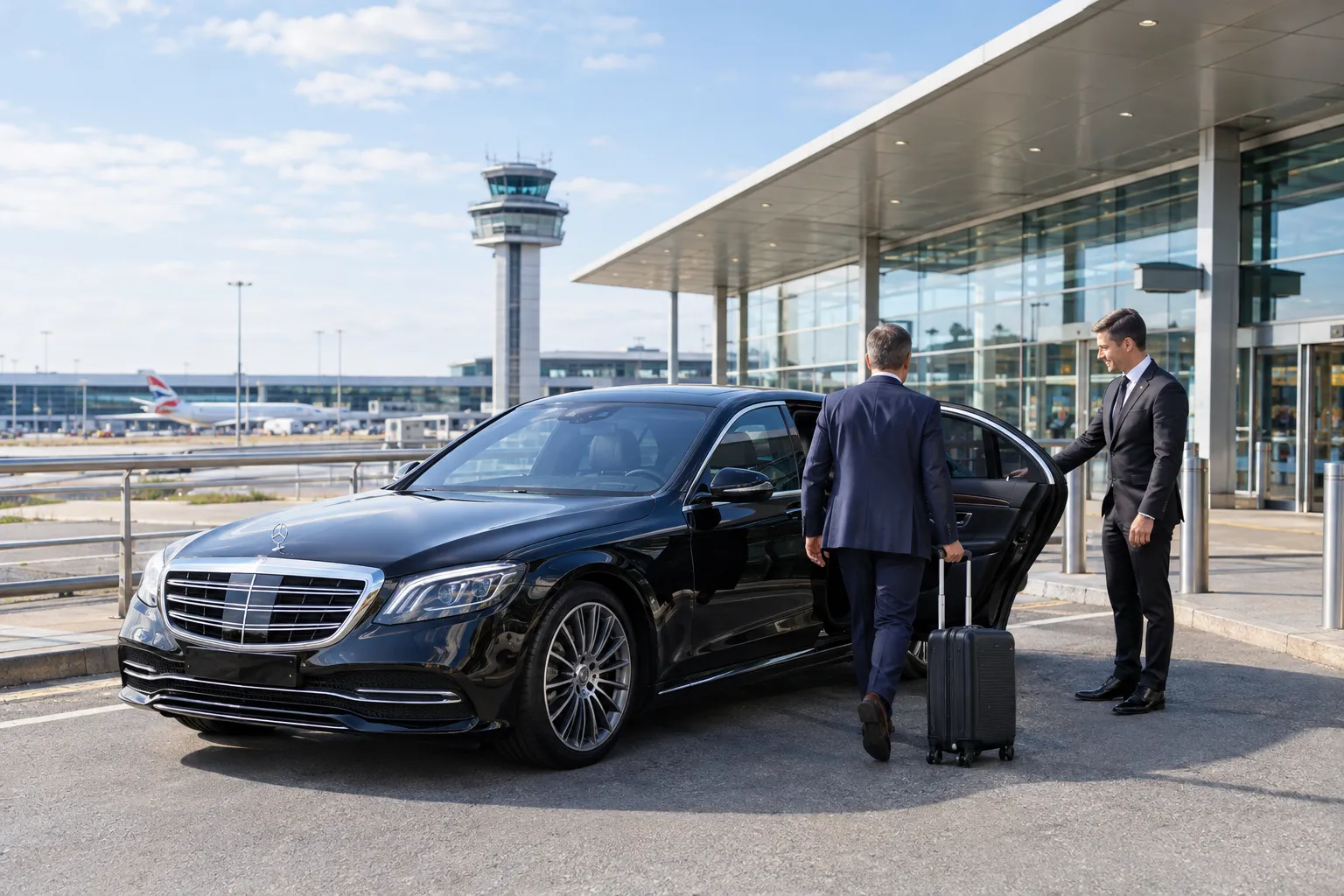 Mercedes S-Class chauffeur vehicle at Heathrow Airport with professional chauffeur