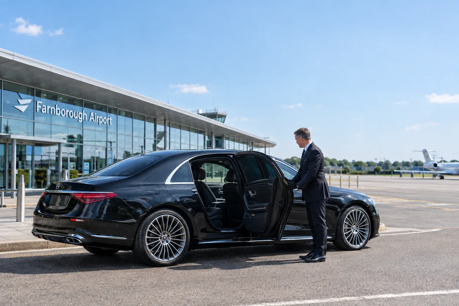 Mercedes S-Class chauffeur service outside Farnborough Airport terminal