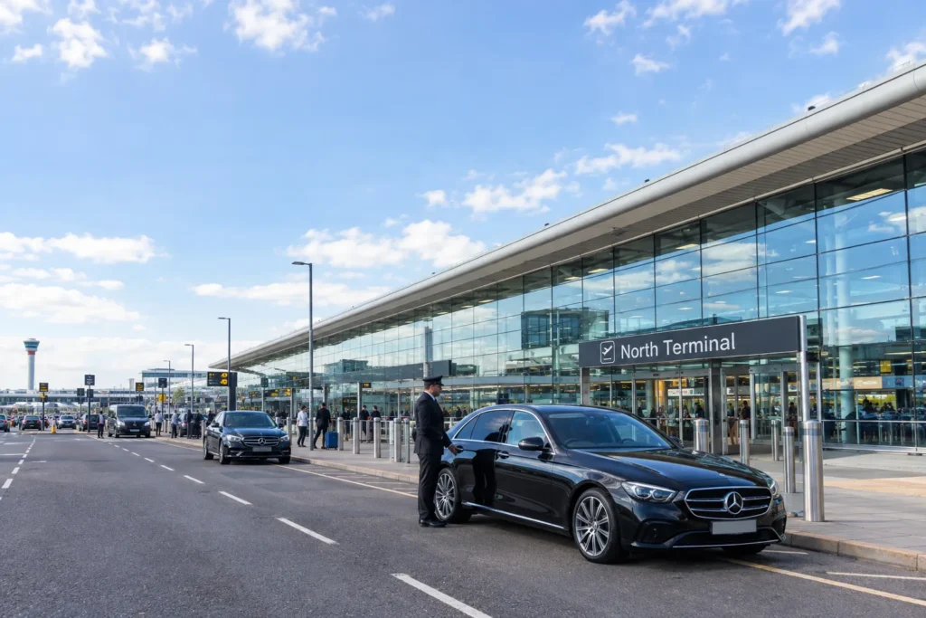 Gatwick Airport North Terminal with executive chauffeur vehicles parked outside