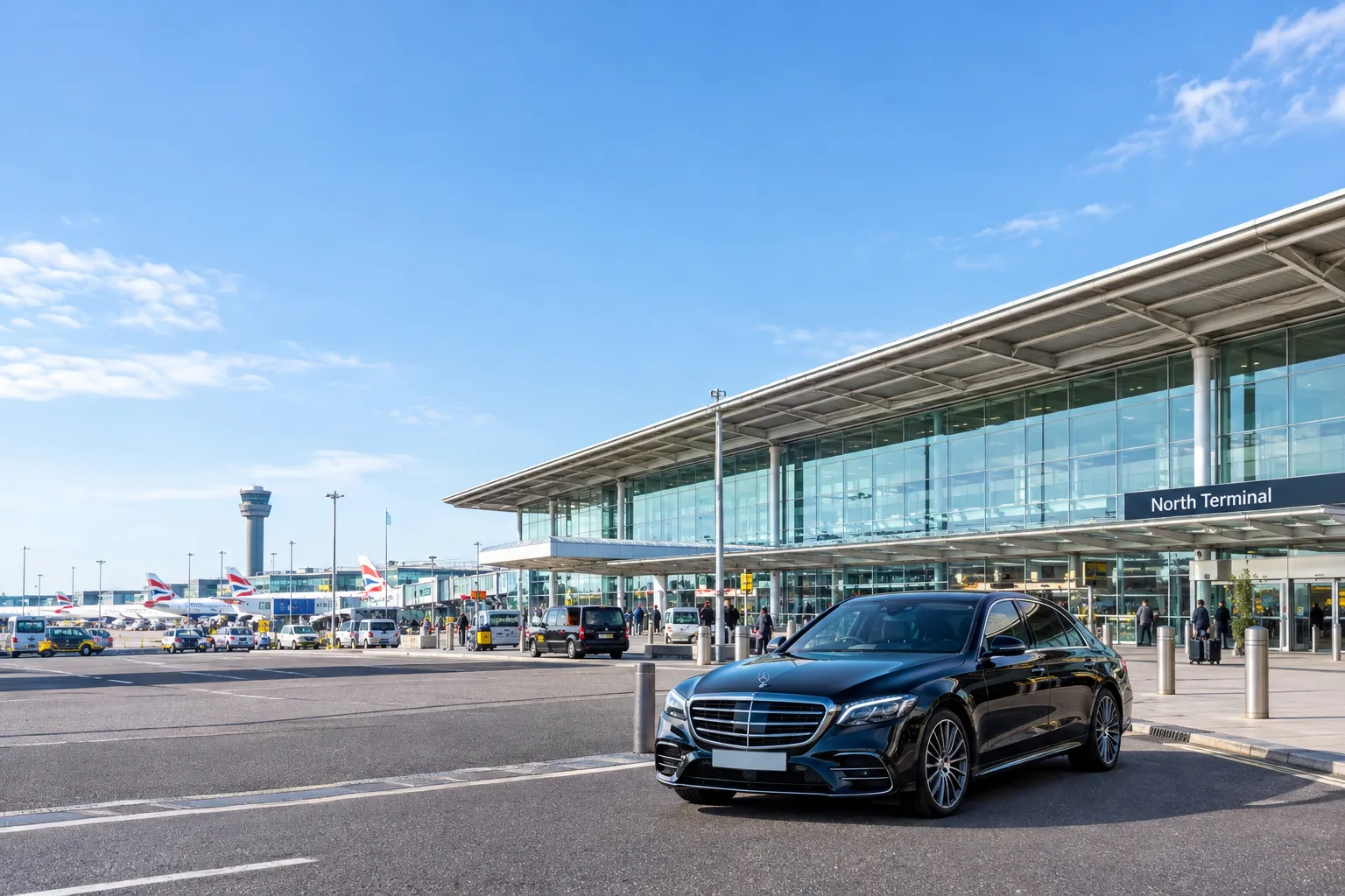 Gatwick Airport North Terminal main entrance with executive vehicles parked outside
