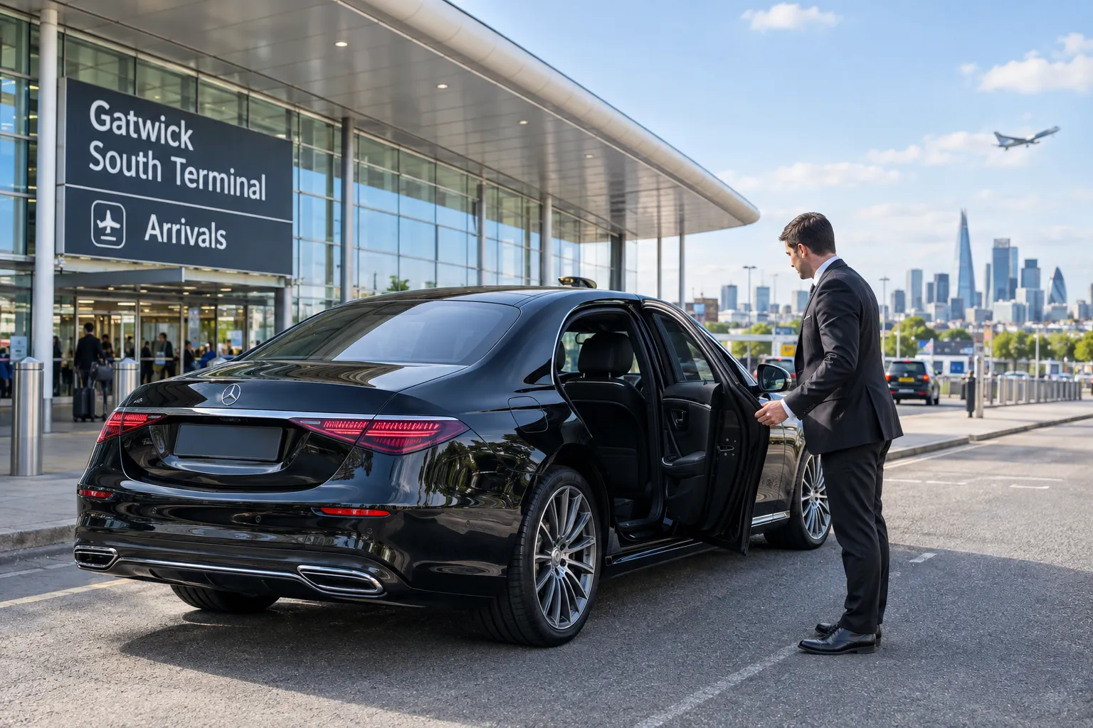 Mercedes S-Class luxury chauffeur vehicle at Gatwick South Terminal arrivals with professional driver