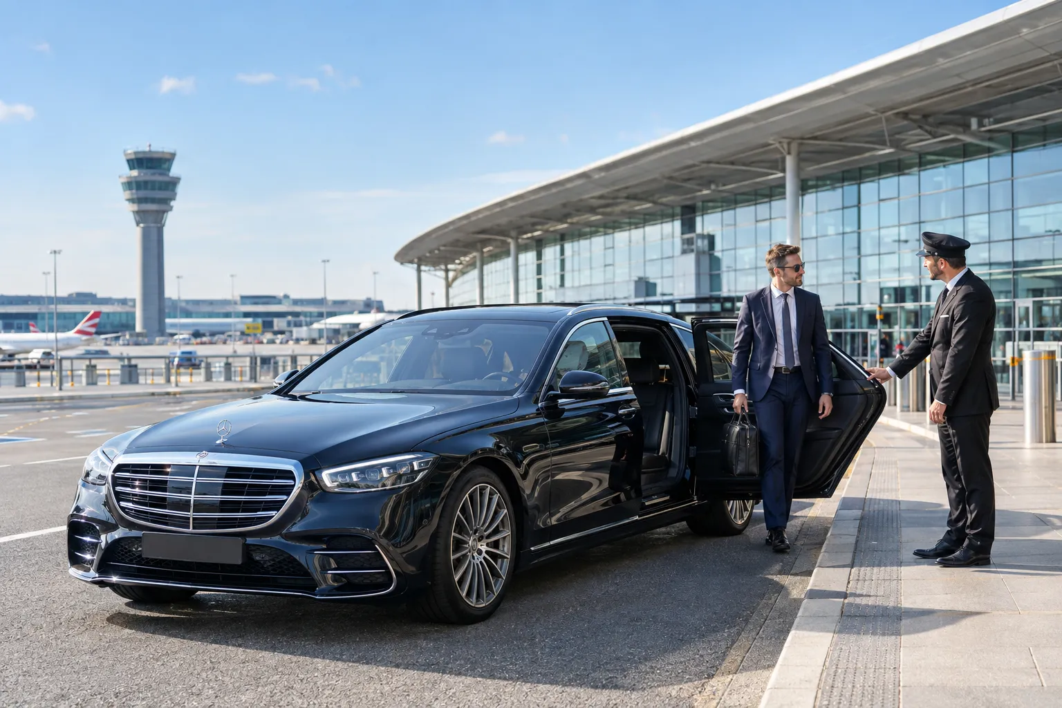 2027 Mercedes S-Class luxury saloon outside Gatwick Airport with professional chauffeur welcoming passenger
