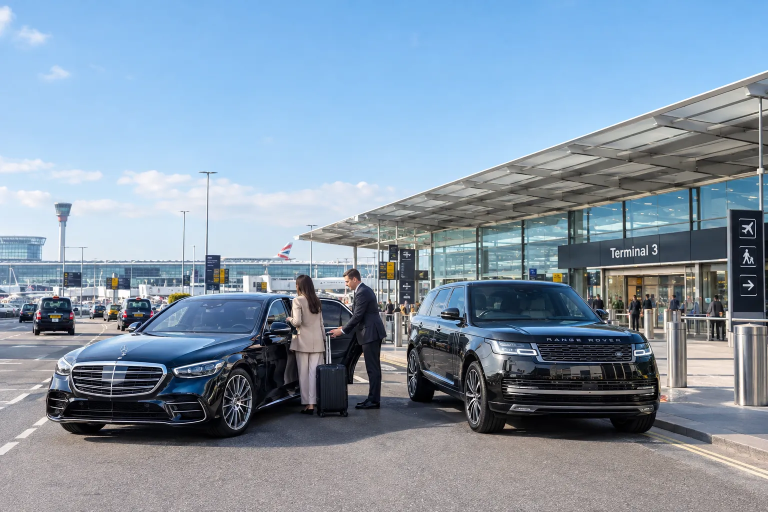 Mercedes S-Class and Range Rover outside Heathrow Airport with chauffeur assisting passenger
