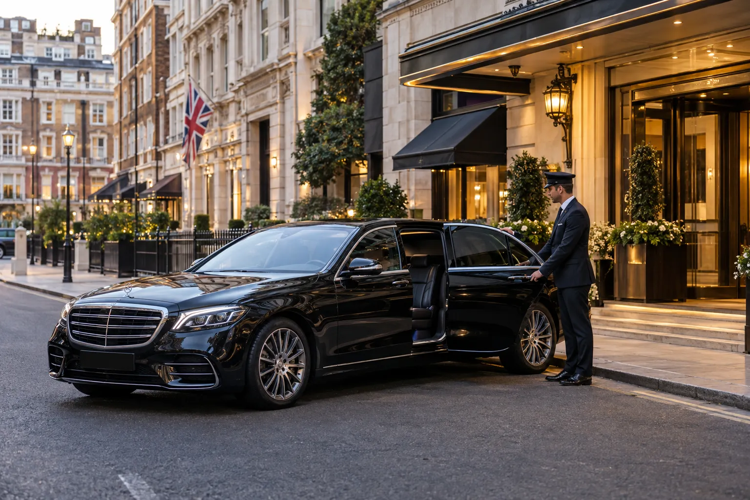 Mercedes S-Class executive chauffeur vehicle outside Mayfair hotel with chauffeur ready to assist