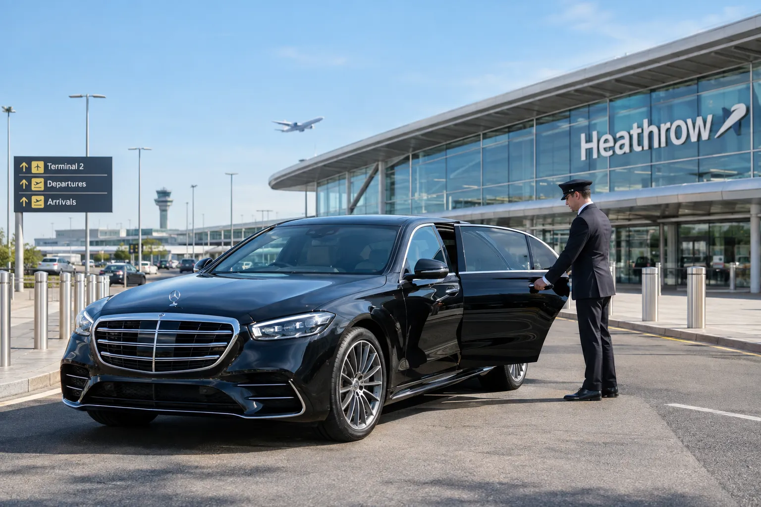 Mercedes S-Class chauffeur vehicle outside Haethrow Airport terminal