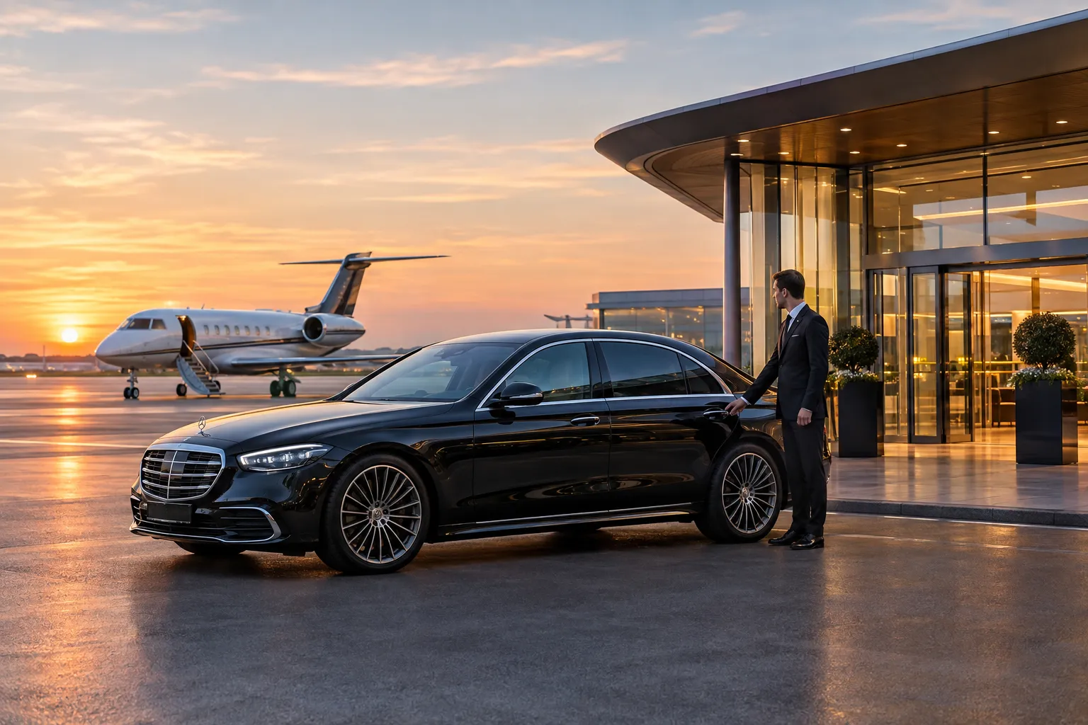 Mercedes S-Class chauffeur vehicle outside Harrods Aviation private jet terminal with chauffeur