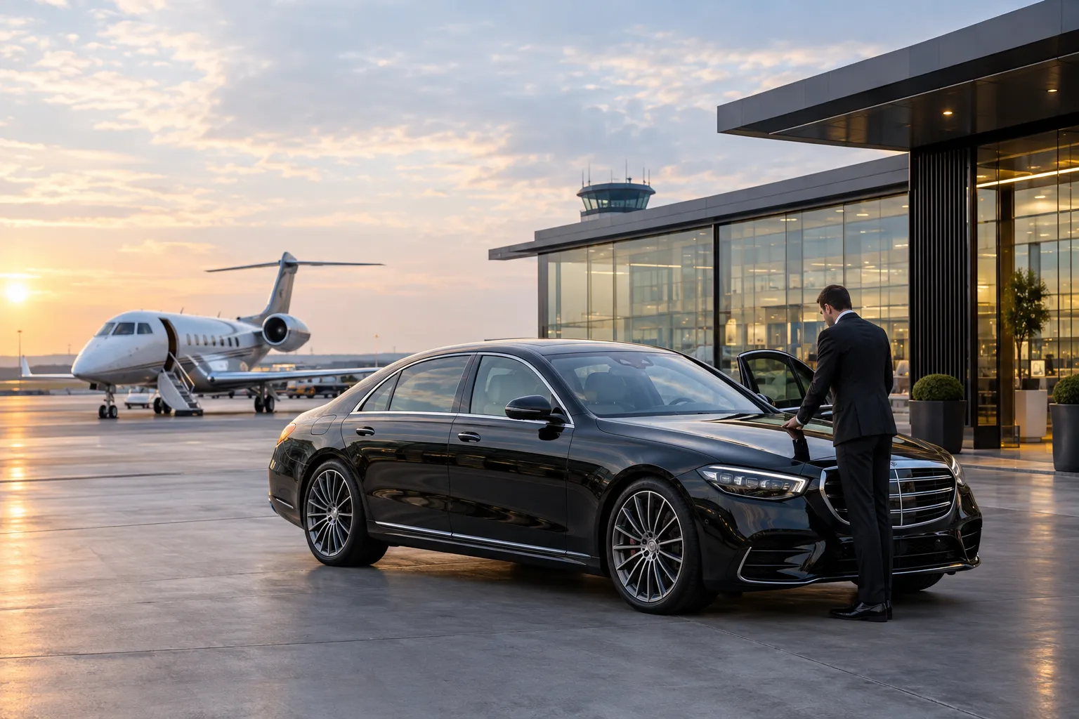 Mercedes S-Class chauffeured at Harrods Aviation private jet terminal