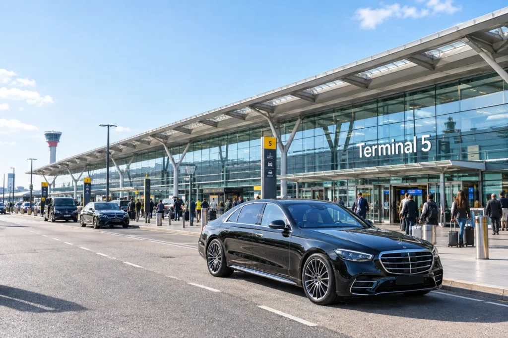 Heathrow Airport Terminal 5 entrance with luxury chauffeur vehicles