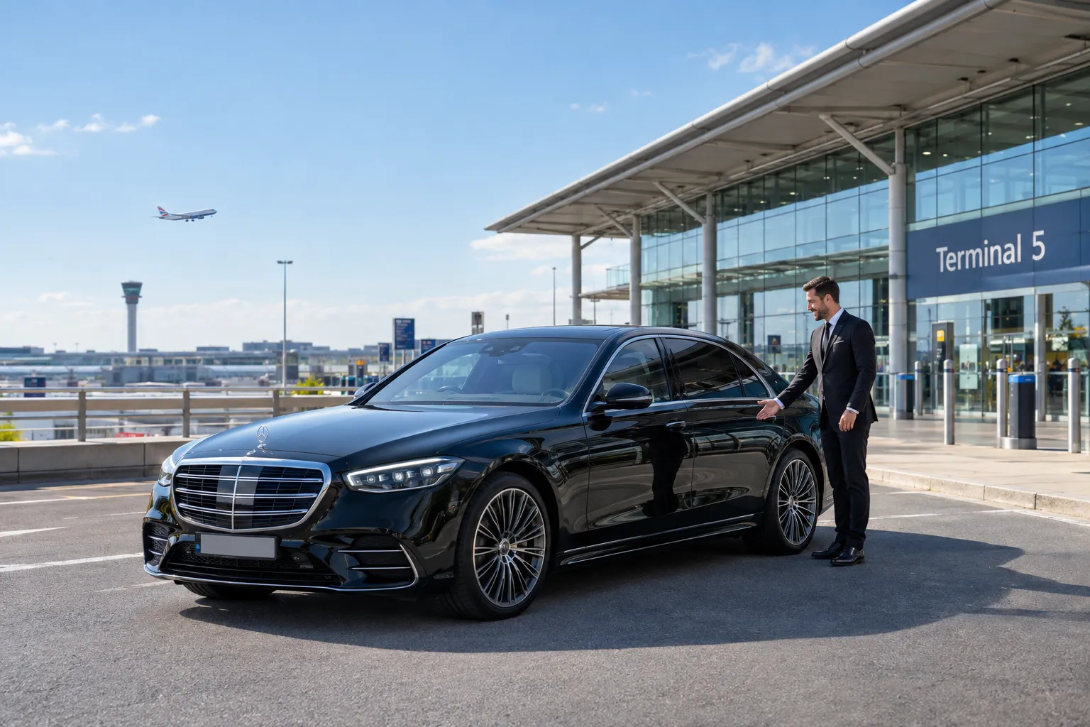 Mercedes S-Class executive car at Heathrow Terminal 5 with chauffeur