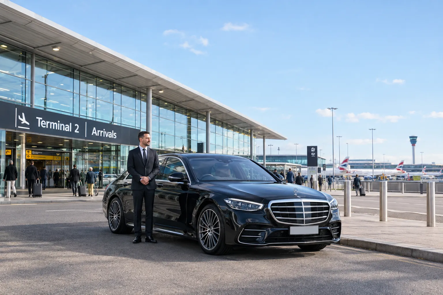 Heathrow Terminal 2 exterior with Mercedes S-Class and chauffeur