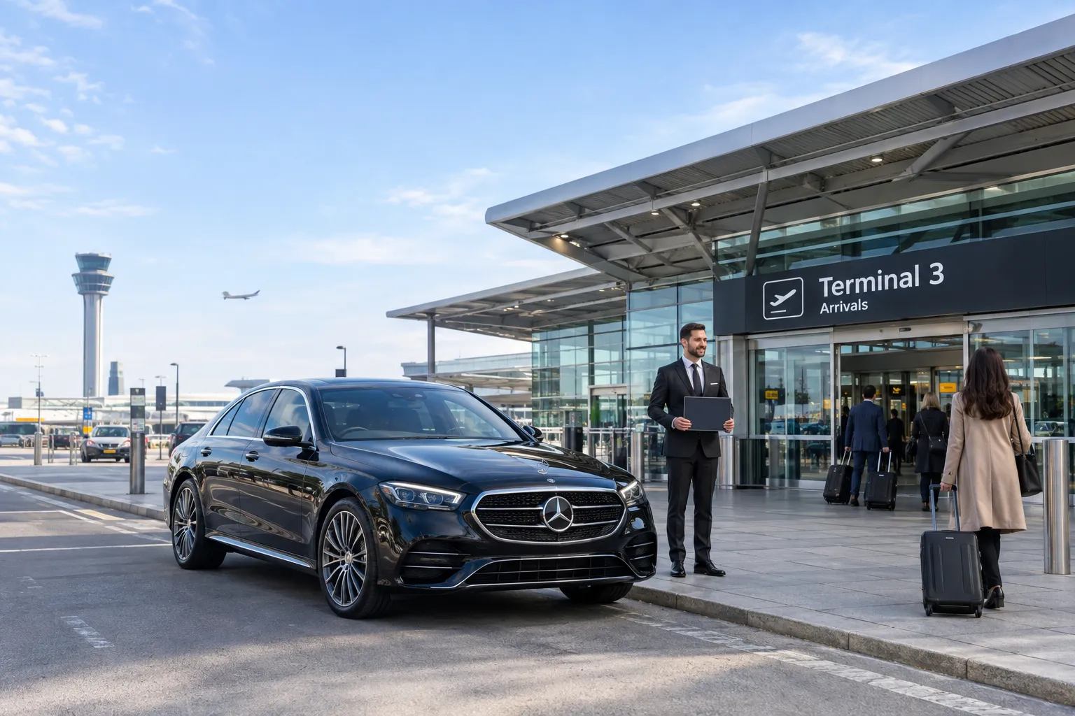 Mercedes E-Class chauffeur vehicle parked outside Heathrow Terminal 3 arrivals