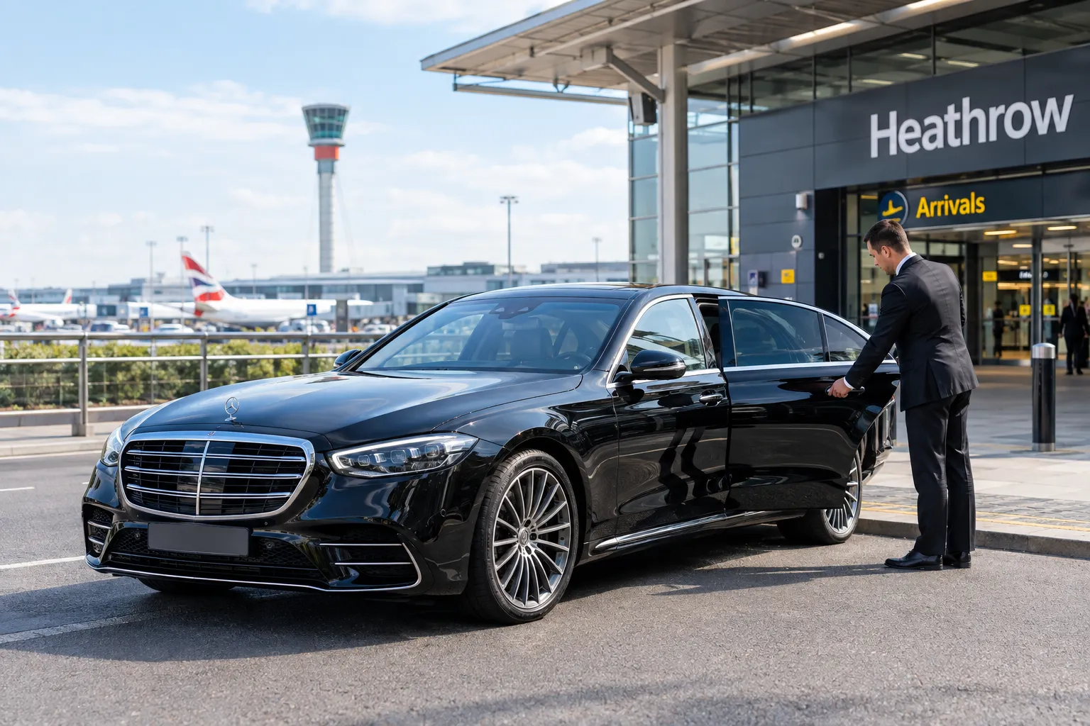 Mercedes S-Class luxury saloon at Heathrow Airport with chauffeur